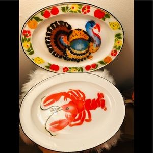 ❤️XL VINTAGE ENAMEL WARE METAL 1950’s-60’s SERVING TRAY:BRIGHT TURKEY PLATTER